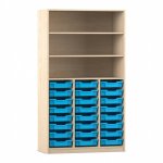 Flexeo Hochregal PRO, 3 Reihen, 24 Boxen Gr. S, 3 Fächer Ahorn honig mit Boxen hellblau (Zoom)