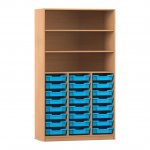 Flexeo Hochregal PRO, 3 Reihen, 24 Boxen Gr. S, 3 Fächer Buche dunkel mit Boxen hellblau (Zoom)