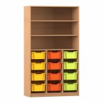 Flexeo Regal PRO, 3 Reihen, 12 Boxen Gr. M, 3 Fächer Buche dunkel mit Boxen bunt (Zoom)