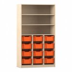 Flexeo Regal PRO, 3 Reihen, 12 Boxen Gr. M, 3 Fächer Ahorn honig mit Boxen orange (Zoom)