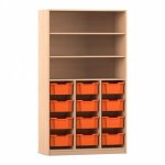 Flexeo Regal PRO, 3 Reihen, 12 Boxen Gr. M, 3 Fächer Buche hell mit Boxen orange (Zoom)