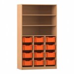 Flexeo Regal PRO, 3 Reihen, 12 Boxen Gr. M, 3 Fächer Buche dunkel mit Boxen orange (Zoom)