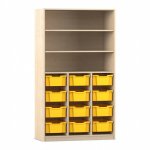 Flexeo Regal PRO, 3 Reihen, 12 Boxen Gr. M, 3 Fächer Ahorn honig mit Boxen gelb (Zoom)