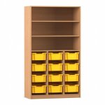 Flexeo Regal PRO, 3 Reihen, 12 Boxen Gr. M, 3 Fächer Buche dunkel mit Boxen gelb (Zoom)