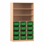 Flexeo Regal PRO, 3 Reihen, 12 Boxen Gr. M, 3 Fächer Buche hell mit Boxen dunkelgrün (Zoom)
