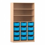 Flexeo Regal PRO, 3 Reihen, 12 Boxen Gr. M, 3 Fächer Buche hell mit Boxen hellblau (Zoom)