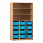 Flexeo Regal PRO, 3 Reihen, 12 Boxen Gr. M, 3 Fächer Buche dunkel mit Boxen hellblau (Zoom)
