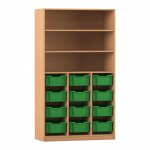 Flexeo Regal PRO, 3 Reihen, 12 Boxen Gr. M, 3 Fächer Buche dunkel mit Boxen dunkelgrün (Zoom)