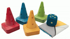 Betzold XXL-Outdoor-Ludo 16 Kegel, jeweils 4 Kegel in Curry, Grün, Blau, Rot (Zoom)