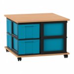 Flexeo Fahrbares Containersystem mit Ablage, 8 große Boxen Buche dunkel, blau  (Zoom)