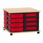 Flexeo Fahrbares Containersystem mit Ablage, 16 kleine Boxen Buche hell, rot  (Zoom)