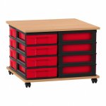 Flexeo Fahrbares Containersystem mit Ablage, 16 kleine Boxen Buche dunkel, rot  (Zoom)