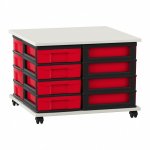 Flexeo Fahrbares Containersystem mit Ablage, 16 kleine Boxen weiß, rot  (Zoom)