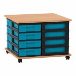 Flexeo Fahrbares Containersystem mit Ablage, 16 kleine Boxen Buche dunkel, blau  (Zoom)