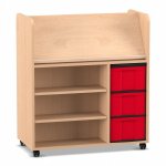 Flexeo Bücherwagen fahrbar, 3 große Boxen Buche hell, rot  (Zoom)
