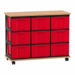 Flexeo Fahrbares Containersystem mit Ablage, 9 große Boxen Buche dunkel, rot  (Zoom)