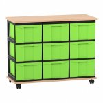 Flexeo Fahrbares Containersystem mit Ablage, 9 große Boxen Buche hell, grün  (Zoom)