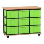 Flexeo Fahrbares Containersystem mit Ablage, 9 große Boxen Buche dunkel, grün  (Zoom)