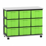 Flexeo Fahrbares Containersystem mit Ablage, 9 große Boxen grau, grün  (Zoom)