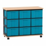 Flexeo Fahrbares Containersystem mit Ablage, 9 große Boxen Buche hell, blau  (Zoom)