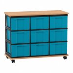 Flexeo Fahrbares Containersystem mit Ablage, 9 große Boxen Buche dunkel, blau  (Zoom)