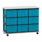 Flexeo Fahrbares Containersystem mit Ablage, 9 große Boxen grau, blau  (Zoom)