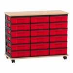 Flexeo Fahrbares Containersystem mit Ablage, 18 kleine Boxen Buche hell, rot (Zoom)