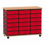 Flexeo Fahrbares Containersystem mit Ablage, 18 kleine Boxen Buche dunkel, rot  (Zoom)