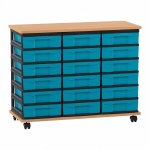 Flexeo Fahrbares Containersystem mit Ablage, 18 kleine Boxen Buche dunkel, blau  (Zoom)
