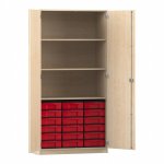 Flexeo Schrank, 18 kleine Boxen, 3 Fächer, 2 Türen Ahorn honig, rot  (Zoom)