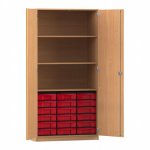 Flexeo Schrank, 18 kleine Boxen, 3 Fächer, 2 Türen Buche dunkel, rot  (Zoom)