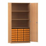 Flexeo Schrank, 18 kleine Boxen, 3 Fächer, 2 Türen Buche dunkel, gelb  (Zoom)