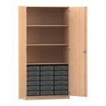 Flexeo Schrank, 18 kleine Boxen, 3 Fächer, 2 Türen Buche hell, transparent  (Zoom)
