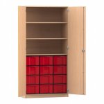 Flexeo Schrank, 12 große Boxen, 3 Fächer, 2 Türen Buche hell, rot  (Zoom)