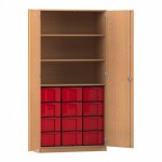 Flexeo Schrank, 12 große Boxen, 3 Fächer, 2 Türen Buche dunkel, rot  (Zoom)