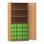 Flexeo Schrank, 12 große Boxen, 3 Fächer, 2 Türen Buche dunkel, grün  (Zoom)