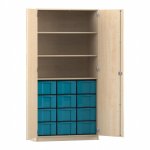 Flexeo Schrank, 12 große Boxen, 3 Fächer, 2 Türen Ahorn honig, blau  (Zoom)