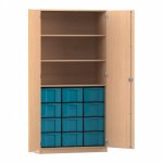 Flexeo Schrank, 12 große Boxen, 3 Fächer, 2 Türen Buche hell, blau  (Zoom)