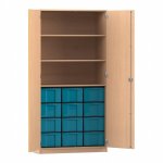 Flexeo Schrank, 12 große Boxen, 3 Fächer, 2 Türen Buche hell, blau  (Zoom)