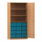 Flexeo Schrank, 12 große Boxen, 3 Fächer, 2 Türen Buche dunkel, blau  (Zoom)
