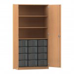 Flexeo Schrank, 12 große Boxen, 3 Fächer, 2 Türen Buche dunkel, transparent  (Zoom)