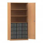 Flexeo Schrank, 12 große Boxen, 3 Fächer, 2 Türen Buche dunkel, transparent  (Zoom)
