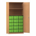 Flexeo Schrank, 15 große Boxen, 2 Fächer, 2 Türen Buche dunkel, grün  (Zoom)