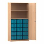 Flexeo Schrank, 15 große Boxen, 2 Fächer, 2 Türen Buche hell, blau  (Zoom)