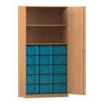 Flexeo Schrank, 15 große Boxen, 2 Fächer, 2 Türen Buche dunkel, blau  (Zoom)