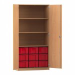 Flexeo Schrank, 9 große Boxen, 3 Fächer, 2 Türen Buche dunkel, rot (Zoom)
