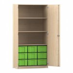 Flexeo Schrank, 9 große Boxen, 3 Fächer, 2 Türen Ahorn honig, grün  (Zoom)