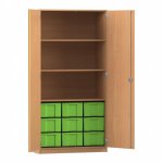 Flexeo Schrank, 9 große Boxen, 3 Fächer, 2 Türen Buche dunkel, grün  (Zoom)