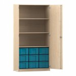 Flexeo Schrank, 9 große Boxen, 3 Fächer, 2 Türen Ahorn honig, blau  (Zoom)