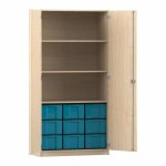 Flexeo Schrank, 9 große Boxen, 3 Fächer, 2 Türen Ahorn honig, blau  (Zoom)
